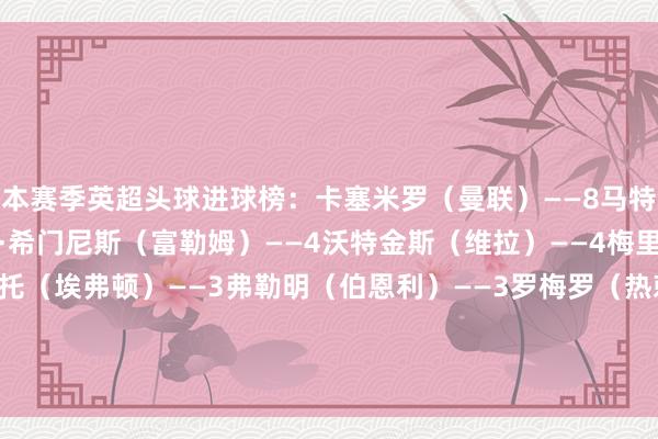 本赛季英超头球进球榜：　　卡塞米罗（曼联）——8　　马特塔（水晶宫）——4　　劳尔·希门尼斯（富勒姆）——4　　沃特金斯（维拉）——4　　梅里诺（阿森纳）——3　　贝托（埃弗顿）——3　　弗勒明（伯恩利）——3　　罗梅罗（热刺）——3　　勒温（利兹联）——3　　若昂·佩德罗（切尔西）——3&nbsp;体育集锦